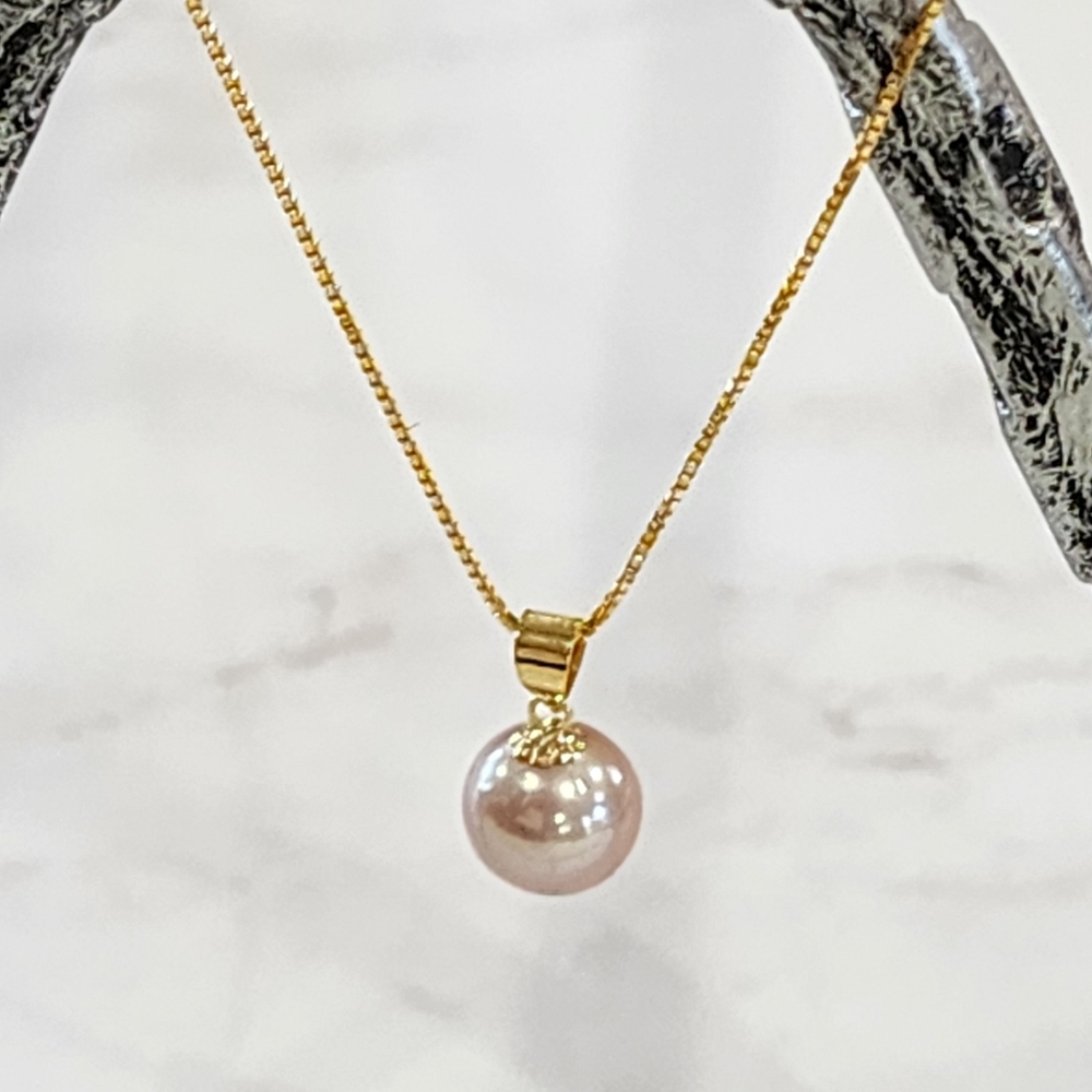 Round Lavender Freshwater Pearl 18K Gold Mount Pendant With 925S‎ Chain 17.5in